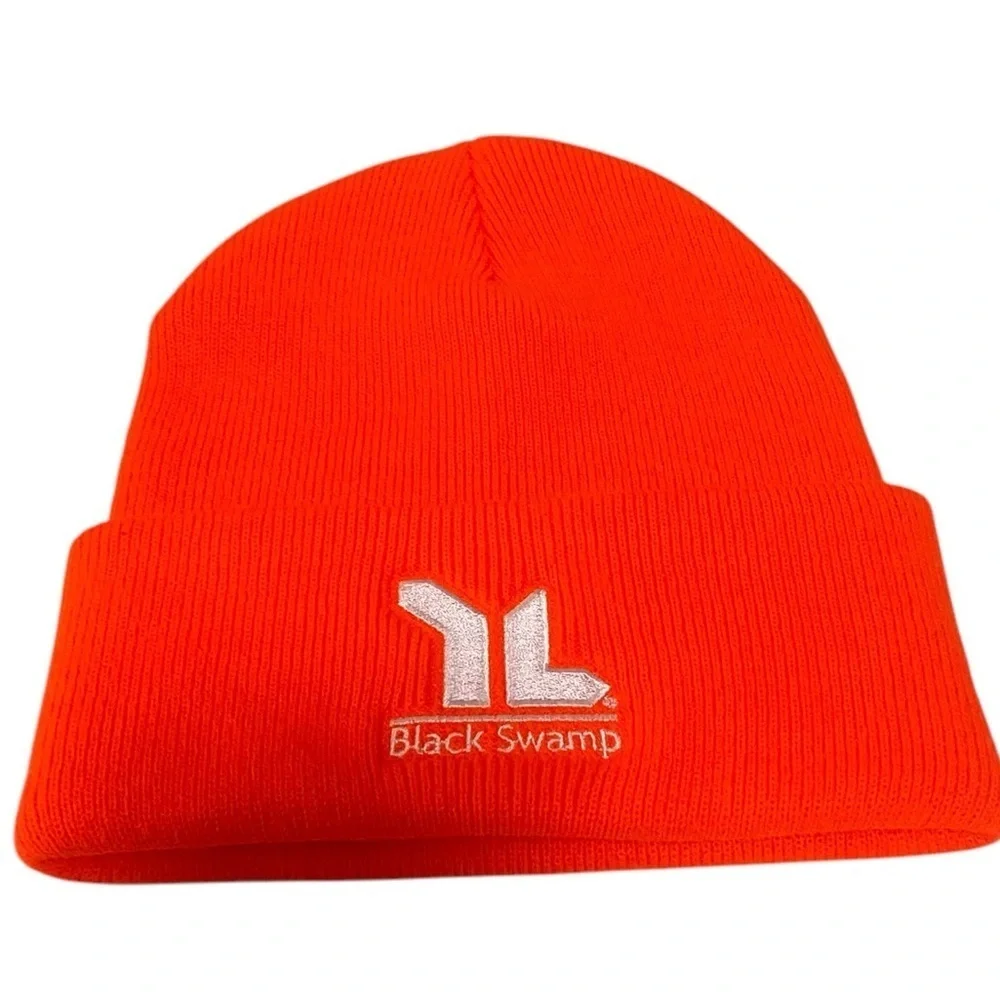 BLACK‎ SWAMP - NEON ORANGE BEANIE HAT CAP - WHITE EMBROIDERY PRINT - B10